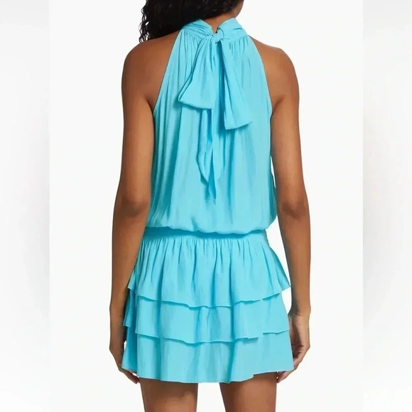 Ramy Brook Hudson Dress Size Small Tropical Blue Halter Tie Top Tiered Ruffle - Picture 2 of 12